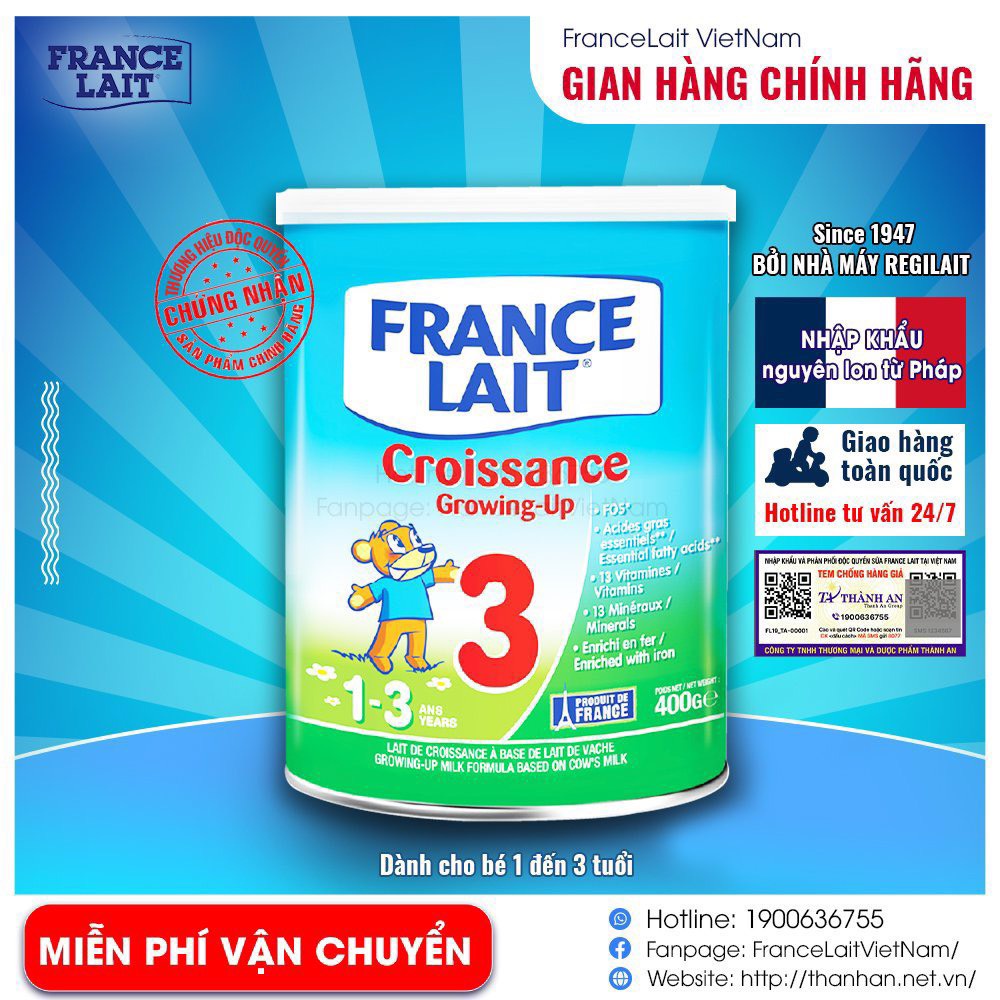 Sữa Công Thức France Lait 3 Pháp Hỗ Trợ Phát Triển Trí Não Cung Cấp Chất Xơ Cho Bé 400g/900g