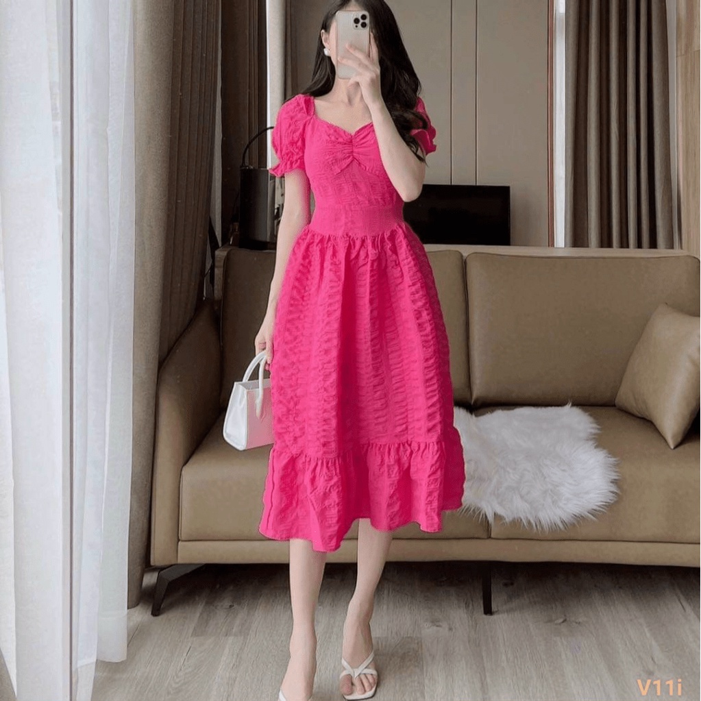 (Free Ship) Đầm Xốp Nhăn Dáng Suông Nhún Ngực Cực XInh