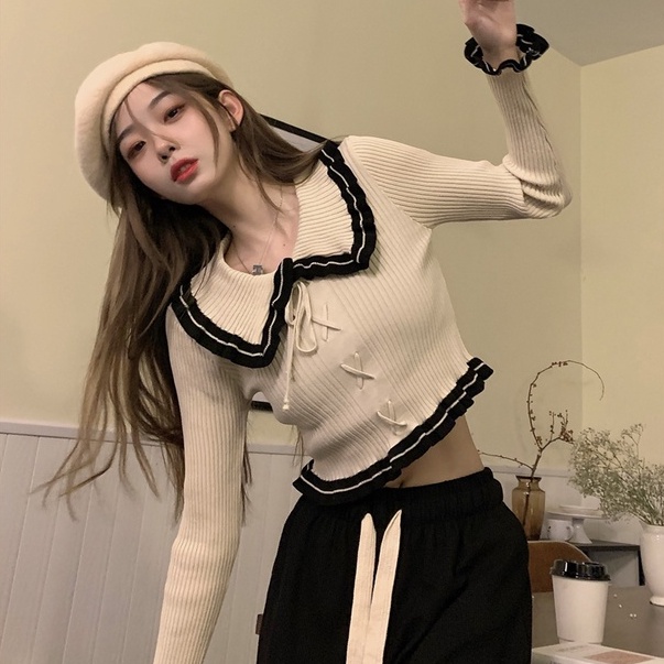 Áo dệt kim ZHELIHANGFEI tay dài cổ búp bê hở eo quyến rũ trẻ trung cho nữ