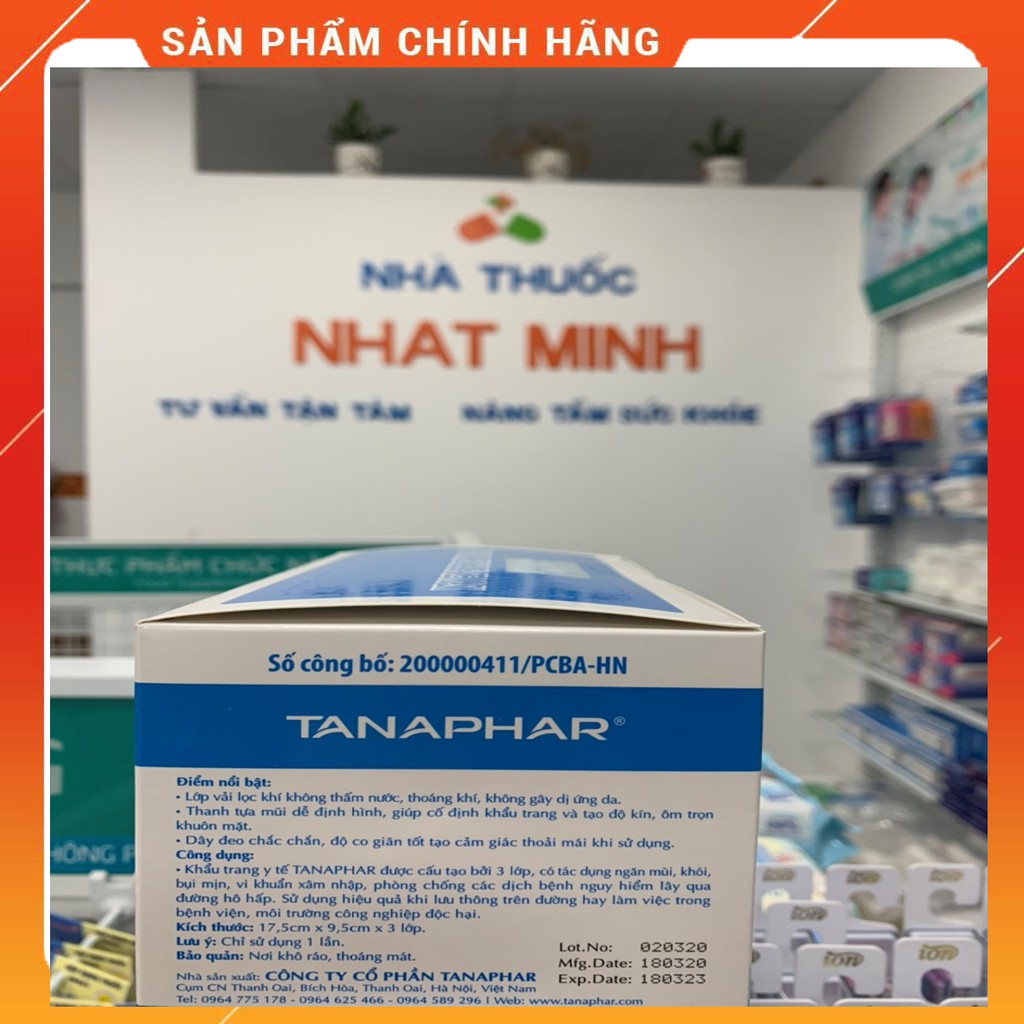 [Chính Hãng] Khẩu Trang Y Tế TANAPHAR 3 Lớp Kháng Khuẩn Tiện Lợi Hộp 50 Cái Màu Xanh