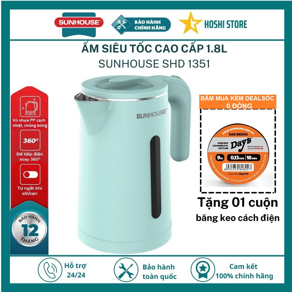 {CHÍNH HÃNG BH 12 THÁNG} ẤM SIÊU TỐC. BÌNH ĐUN SIÊU TỐC CAO CẤP INOX 2 LỚP 1.8L SUNHOUSE SHD1351