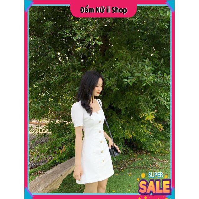 Đầm Công Sở Cổ Vuông Nút Gỗ - Đầm Nữ Ngắn Tay Đi Làm Đi Tiệc Siêu Xinh | BigBuy360 - bigbuy360.vn