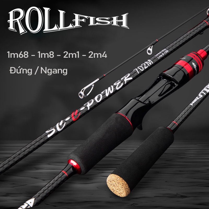 Cần câu lure máy ngang và máy đứng RollFish đỏ đen, đầu bu chống xoắn RF-1