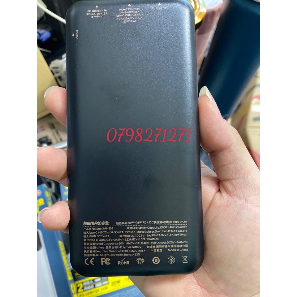 CHÍNH HÃNG  Pin Sạc Dự Phòng tích đíện REMAX RPP - 502 dung lượng 10000mAh PD 20W 18W có màn hình hiện thị % pin