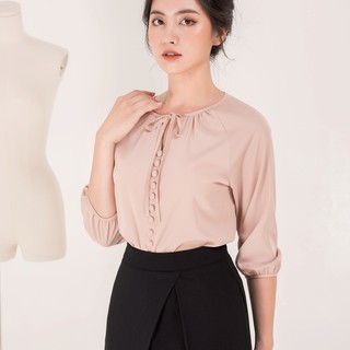 Áo SƠ MI LỤA cổ tròn điểm cúc ngực