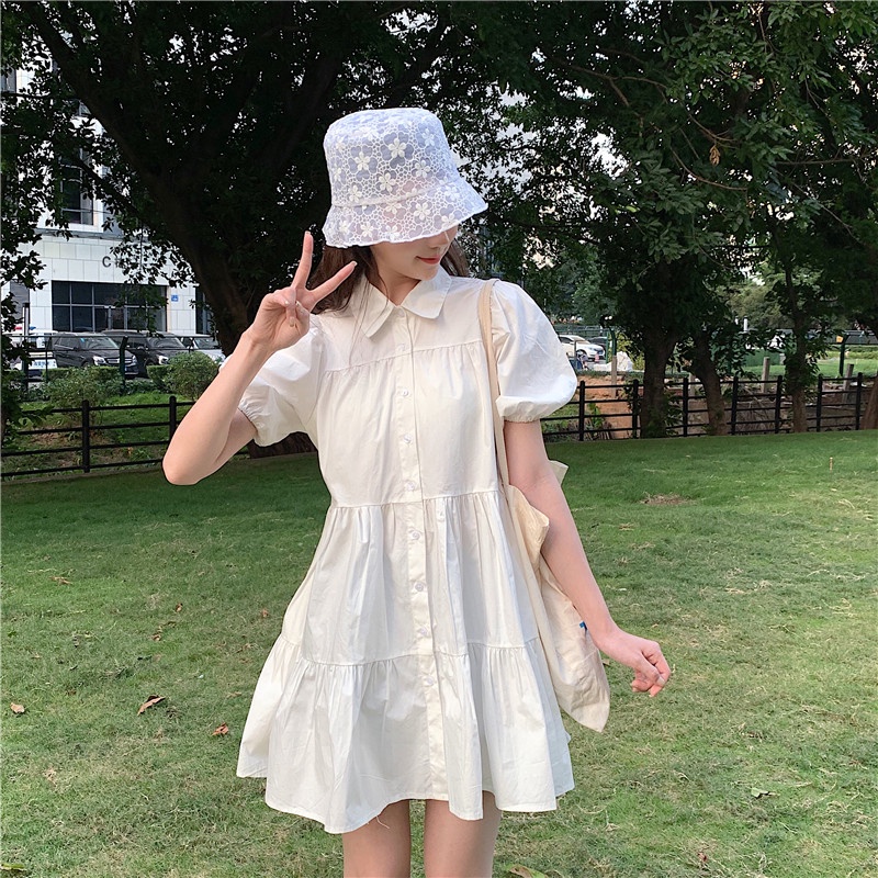 V008 Váy sơ mi babydoll trắng tay bồng có cúc dáng lỡ nữ sinh 2 tầng xòe đi học đi chơi dễ thương trẻ trung cute đẹp