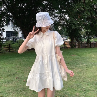 V008 Váy sơ mi babydoll trắng tay bồng có cúc dáng lỡ nữ sinh 2 tầng xòe đi học đi chơi dễ thương trẻ trung cute đẹp