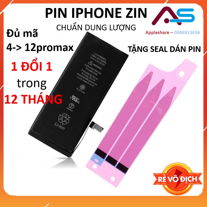 PIN Zin cho iPhone 4/4s/5/5s/5c/5se/6/7/8/6 plus/6s plus/7 plus/8 plus/XXr/Xs max/Xsmax/ip chuẩn dung lượng chính hãng