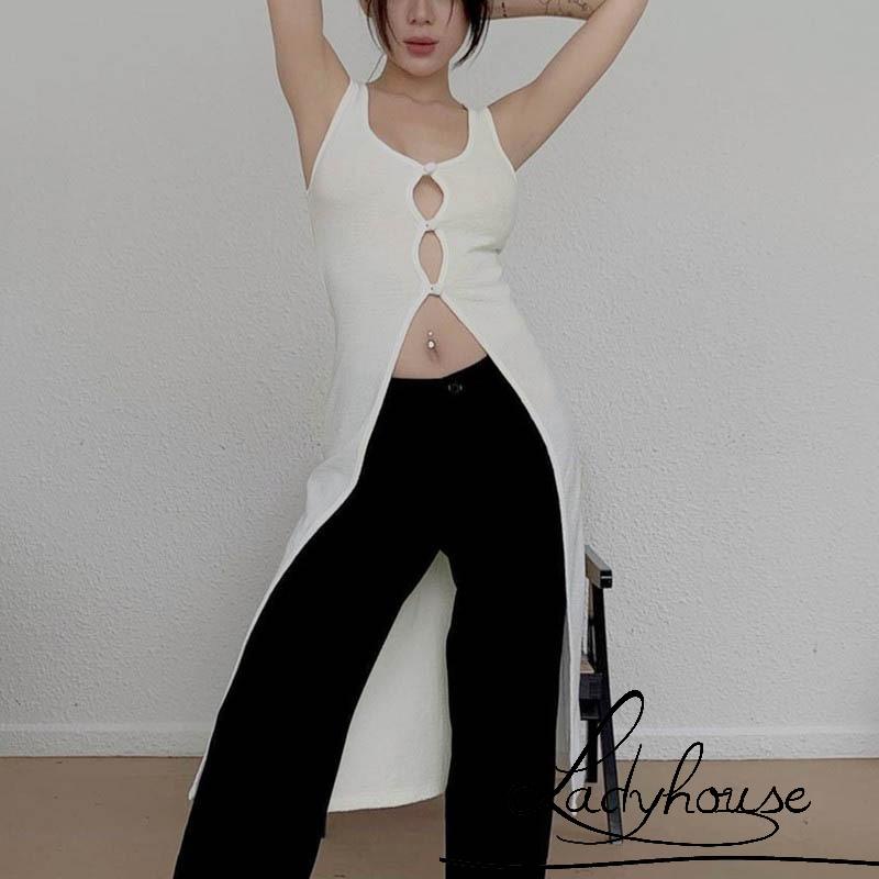 LD-Women Summer Sleeveless Vest, Solid Color U-Neck Front Hollow Out Slit Hem Slim Fit Mid-Length Tank Tops