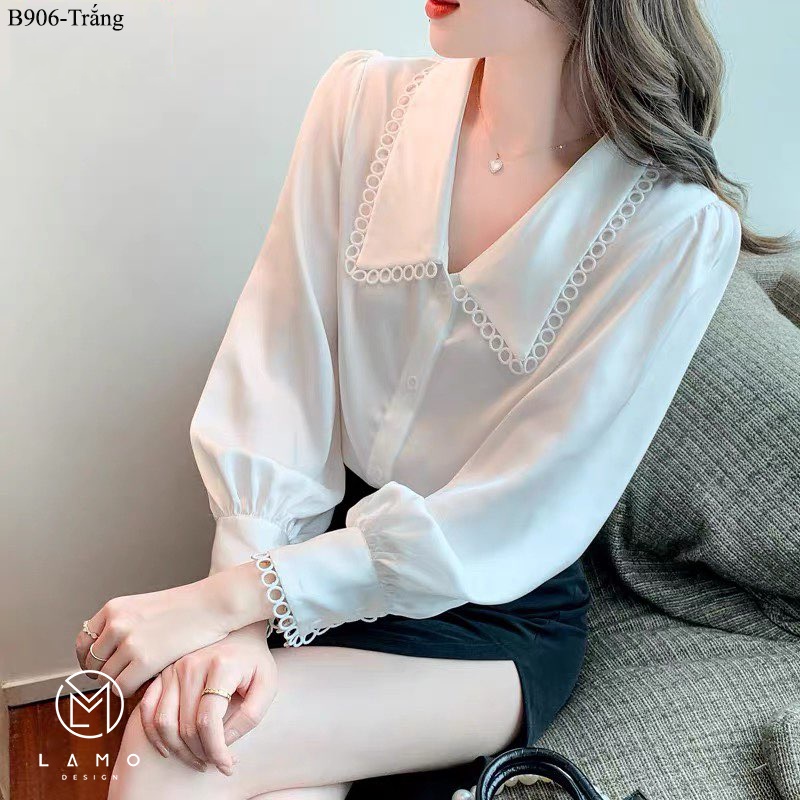 Áo sơ mi công sở nữ lụa ngoc trai phối ren tay dài vạt bầu LAMO-B906