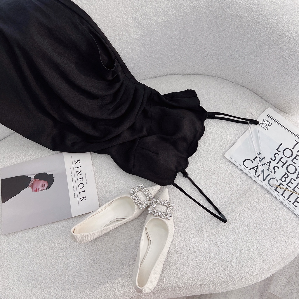 Sẵn Đầm midi hai dây cúp ngực gợn sóng xẻ đùi màu đen