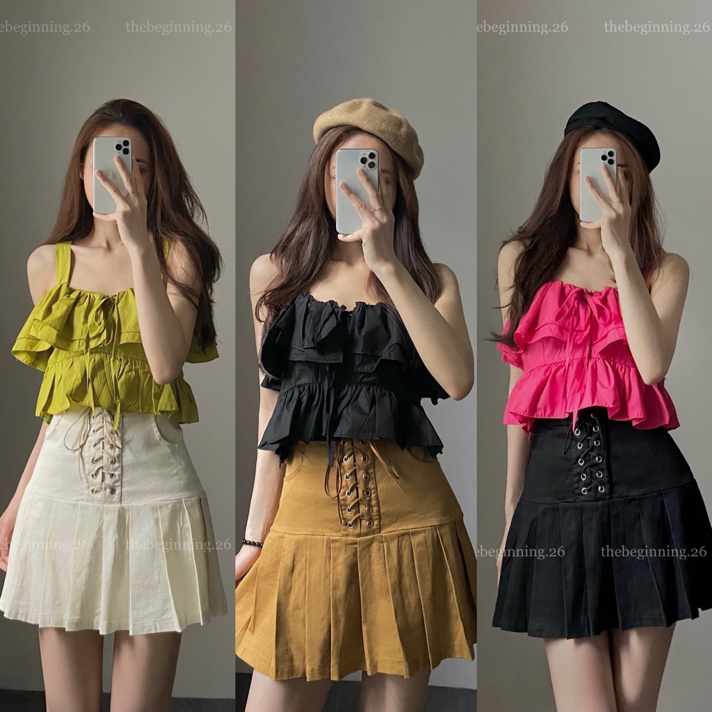 V1251 Chân váy xếp li ulzzang đan dây hàng QC