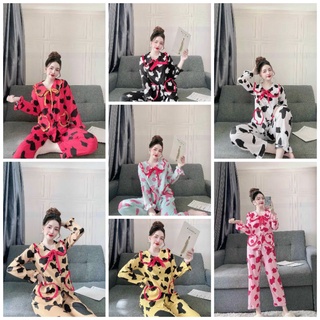 Đồ bộ lụa hàn tiểu thư tay dài quần dài bò sữa