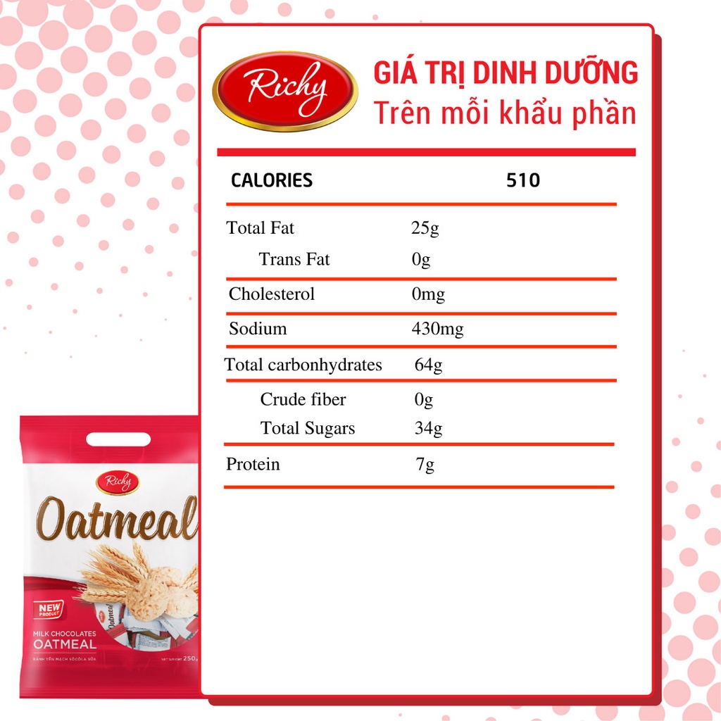 Bánh Yến Mạch Oatmeal Richy Socola Sữa Túi 250g