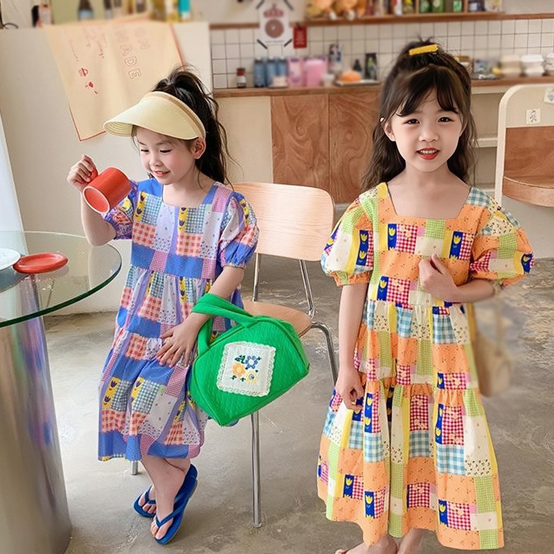 Đầm Tay Phồng Cổ Vuông Họa Tiết Sọc Caro Dễ Thương Phong Cách Hàn Quốc Thời Trang Mùa Hè Cho Bé Gái