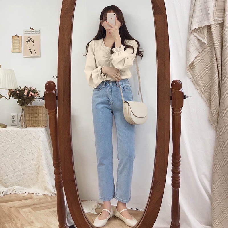 Áo sơ mi nữ trắng be dài tay bồng tiểu thư WANAWEAR cổ V bèo cực xinh chất đẹp dày dặn vintage Hàn Quốc | BigBuy360 - bigbuy360.vn
