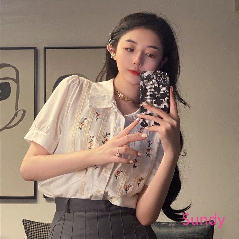 Áo Sơ Mi cổ đứng Ngắn Tay Họa Tiết Hoa Phong Cách Vintage Pháp