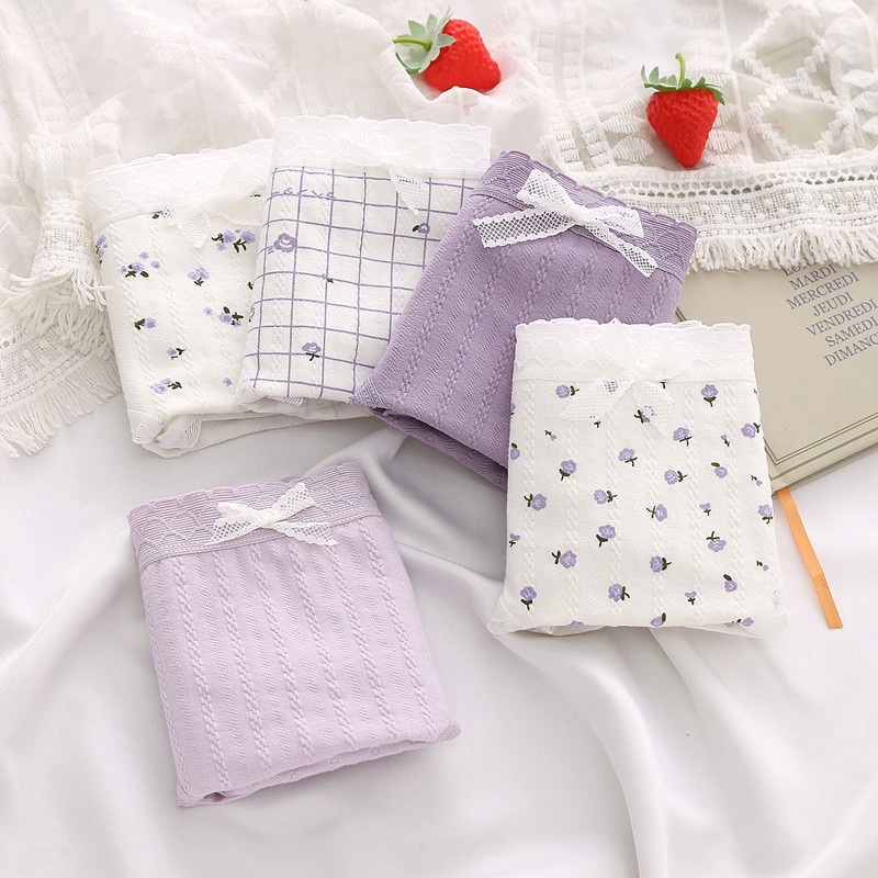 Quần Lót Nữ Cotton Tone Màu Tím Hoa Diên Vĩ Cạp Thấp Đính Nơ Siêu Xinh QL044