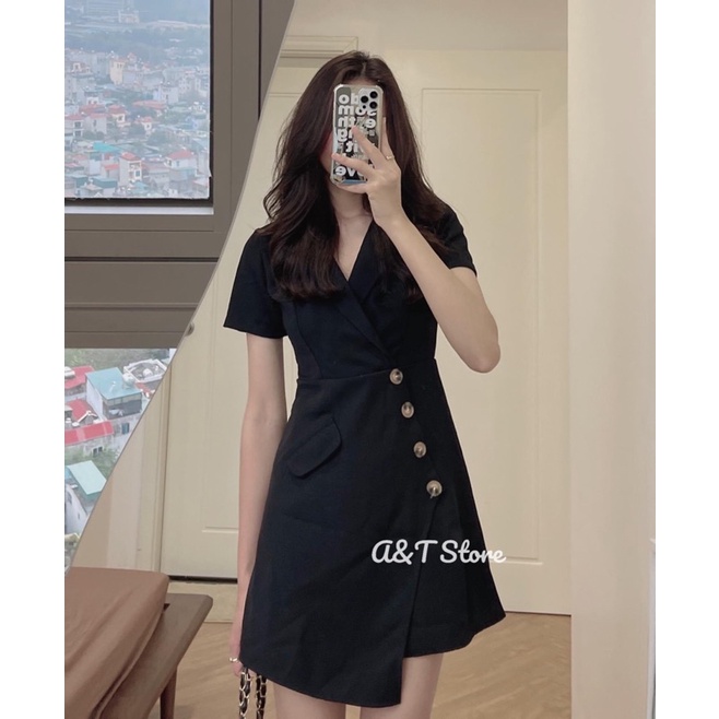 Váy công sở cổ vest đính khuy vạt chéo