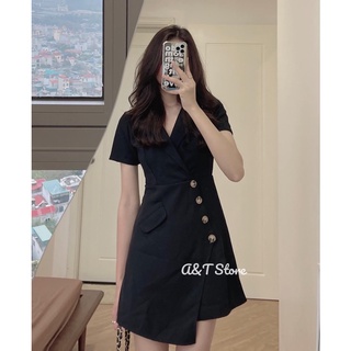 Váy công sở cổ vest đính khuy vạt chéo