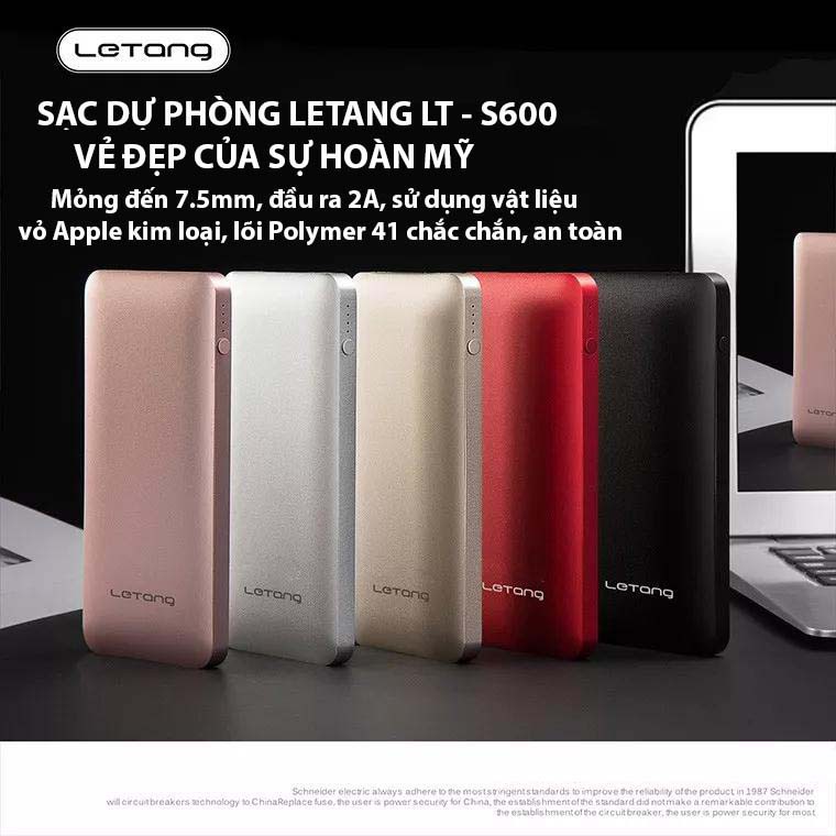 Pin sạc dự phòng LETANG  LT-S600 - 10.000mAh siêu mỏng, siêu nhẹ, chống sốc tự ngắt khi sạc đầy cho iPhone, Samsung,...