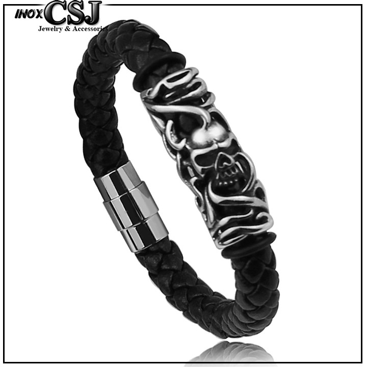 vòng tay da xịn khóa inox vip kiểu đầu lâu siêu ngầu - 03 mẫu