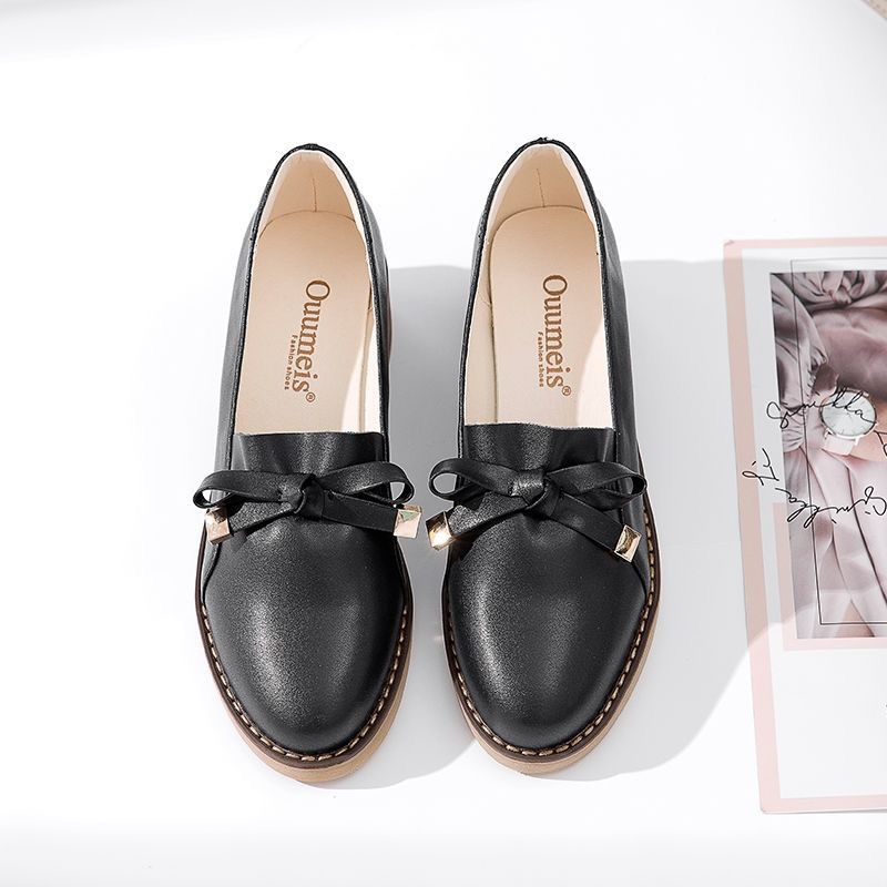 Giày Da Nữ Giày Búp Bê Đính Nơ 4 Phân Phong Cách Nhật Bản