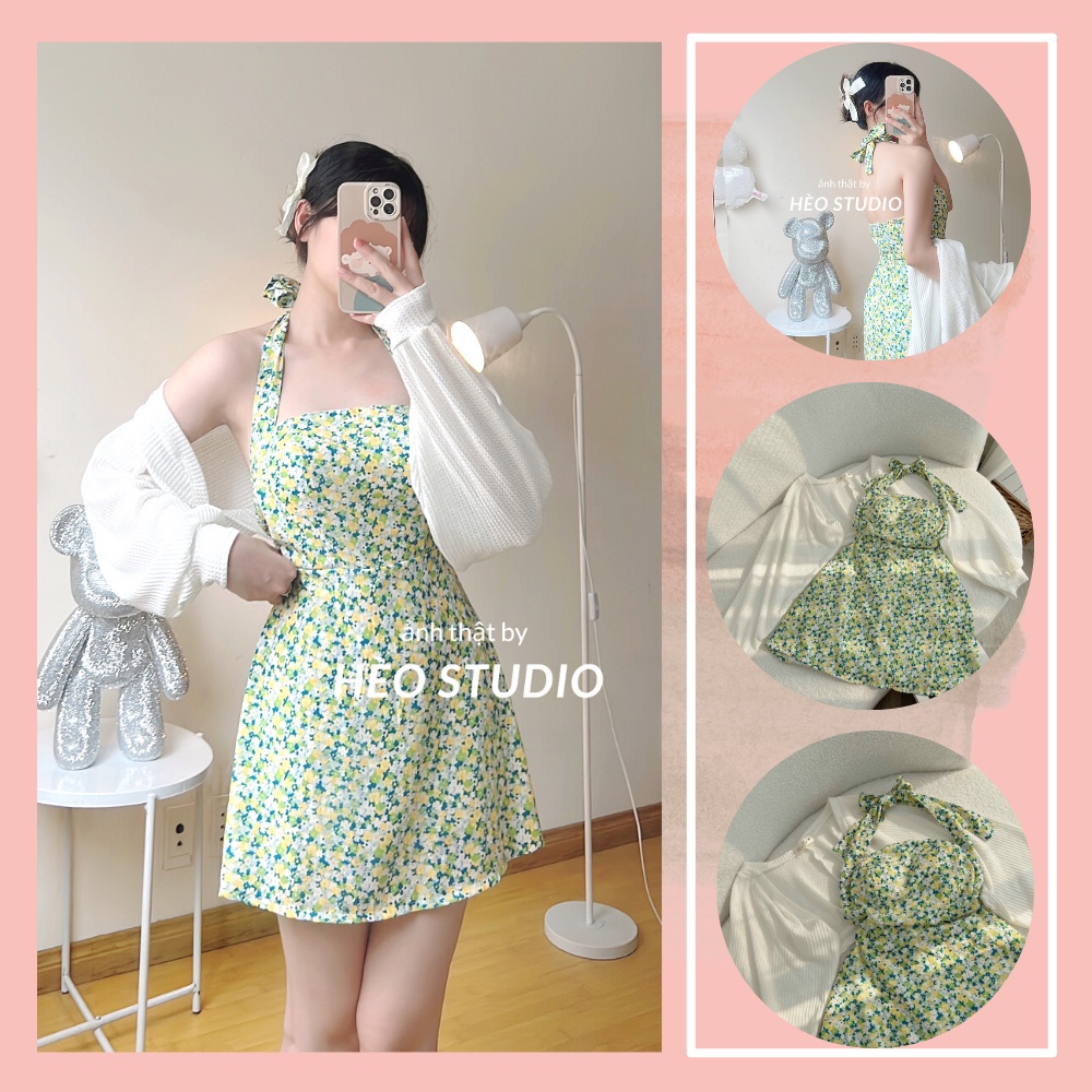 Set Đầm Hoa Nơ Cổ Kèm Áo Khoác Hèo Studio (Ảnh Thật + Video)