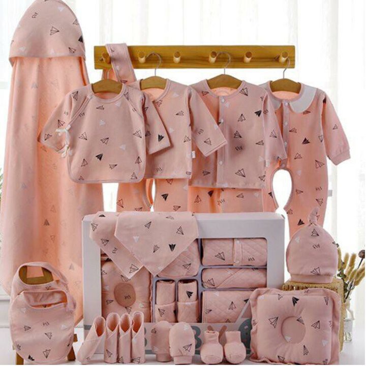 Set Đồ Sơ Sinh Quà Tặng Cho Bé 18-22 Chi Tiết Coton Có Hộp - Xanh, Hồng