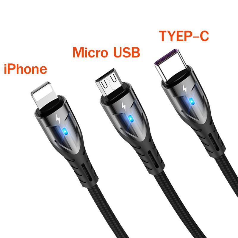 Cáp sạc nhanh và truyền data Hoco U14 Plus max 5A, dài 1M, có đèn báo sạc - 3 cổng Micro-USB / Type-C / Lightning