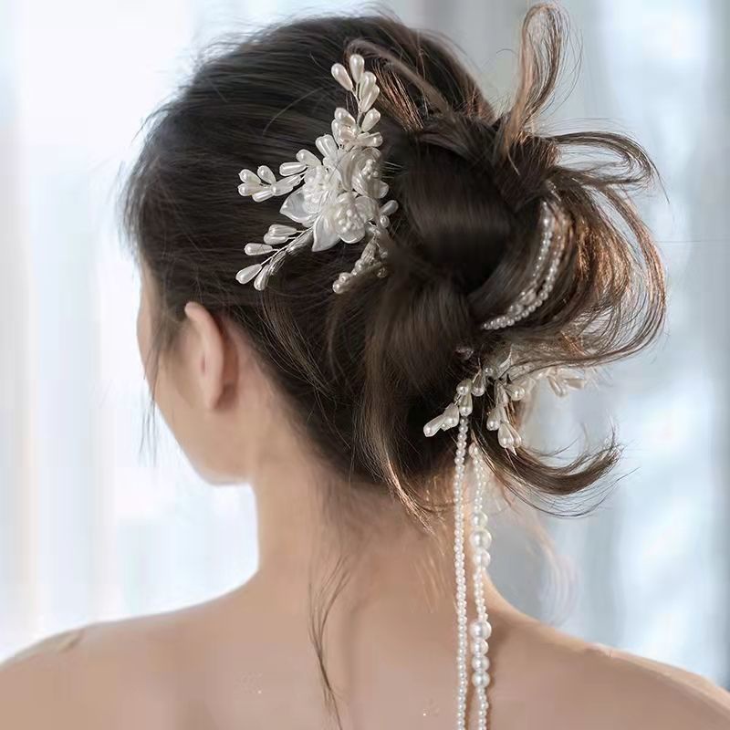 [Aishang Xinh Đẹp] Kẹp Tóc Đính Đá Ngọc Trai Hoa Lúa Mì Phối Dây Xích Tua Rua Phía Sau Cho Cô Dâu