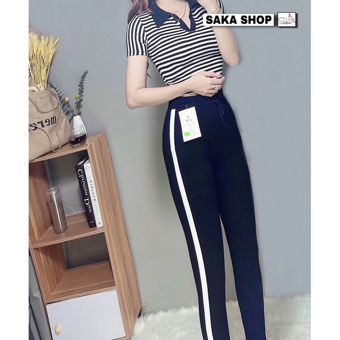Quần thun umi nữ ôm dài phối viền sọc trắng nhiều size