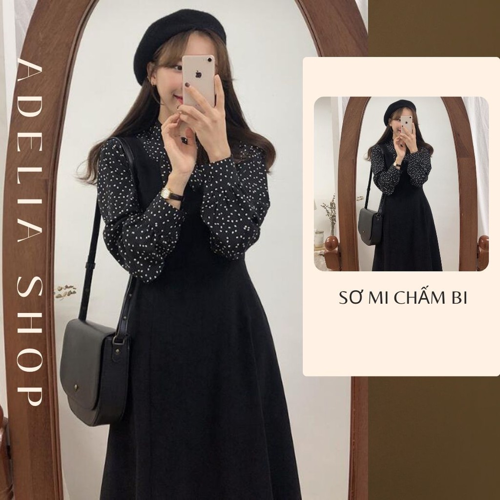 Áo sơ mi kiểu nữ thắt nơ họa tiết chấm bi điệu đà, Sơ mi kiểu tay bồng xinh xắn 2 màu trắng đen