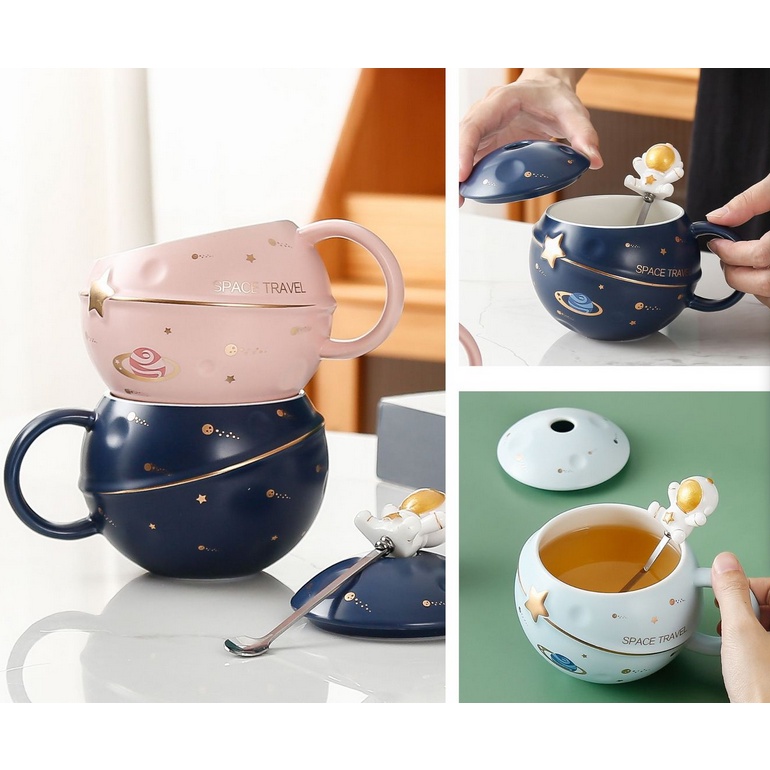 (Hàng Đẹp + Sẳn) Ly Gốm Sứ Dà du hành không gian, có nắp và thìa 400ml, Thiết kế sáng tạo đáng yêu.