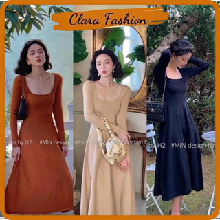 Váy maxi cotton len zip cổ u 3 màu tay dài dáng xoè, váy cổ u trơn dáng dài clara siêu xinh