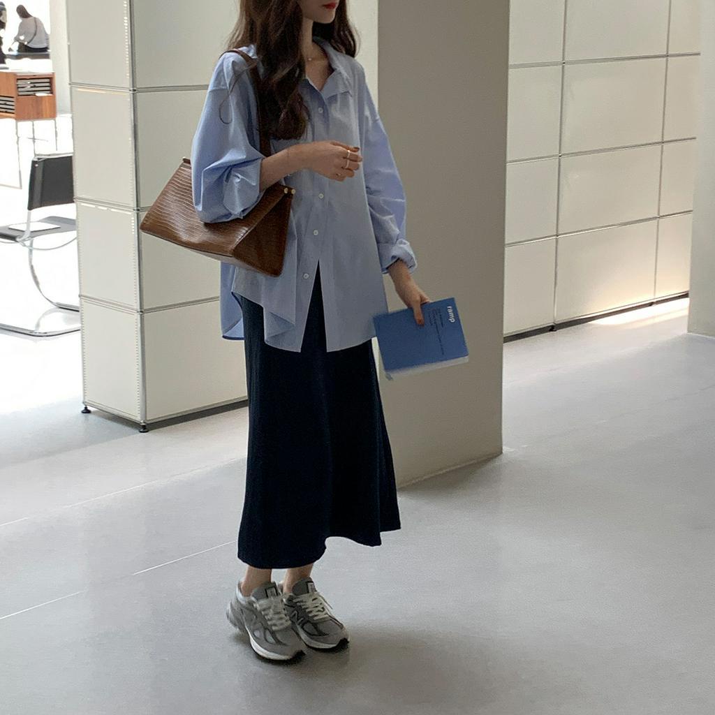 Xiaozhainv Áo sơ mi tay dài dáng rộng kẻ sọc dành cho nữ