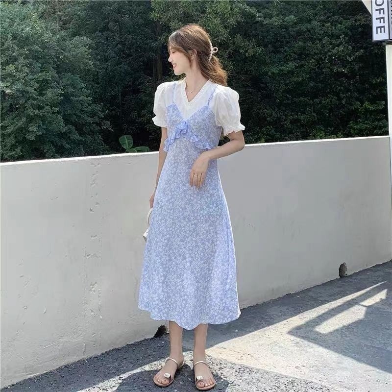 Đầm Giả Hai Mảnh Cổ Chữ V Thiết Kế Mỏng Nhẹ Ngọt Ngào Phong Cách Pháp Mới Cho Nữ