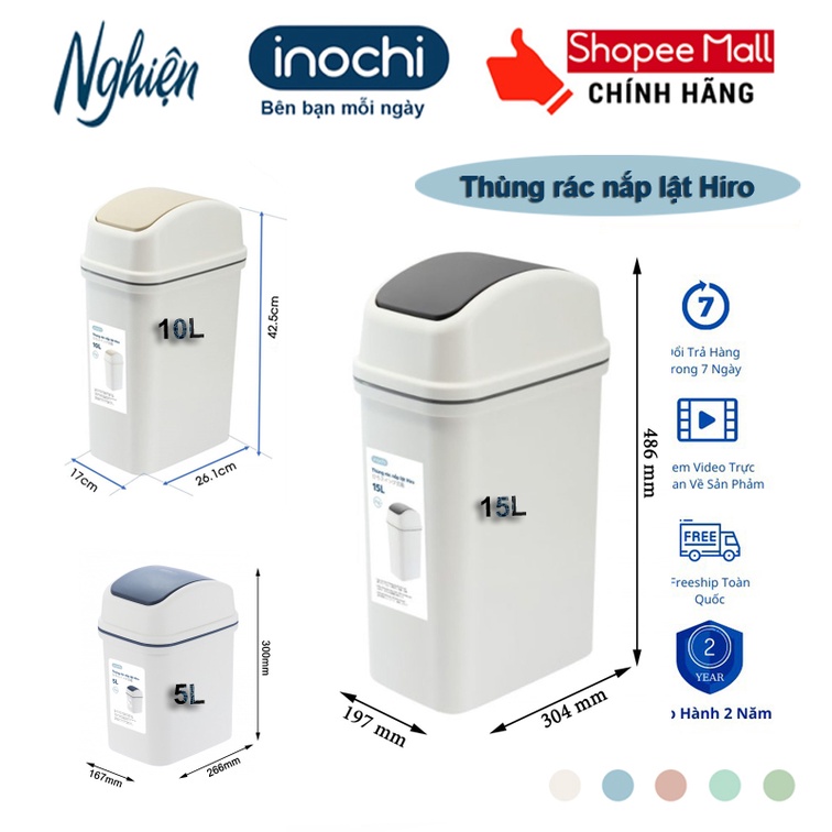 Thùng rác nắp lật Inochi 10L (tiêu chuẩn Nhật Bản)