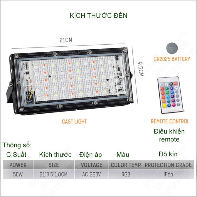 Đèn led pha đổi màu Cao Cấp RGB 50W-220V kèm điều khiển từ xa-Remote