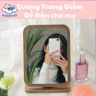 Gương trang điểm để bàn khung gỗ MOMMY SAN, gương bàn phấn mini cầm tay, có thể gập tiện lợi, không có đèn