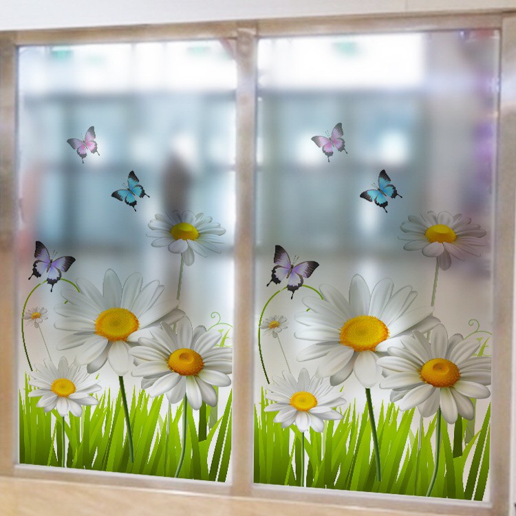 Decal dán kính cao cấp - Hoa Cúc Trắng và Bướm ( 60x116 )