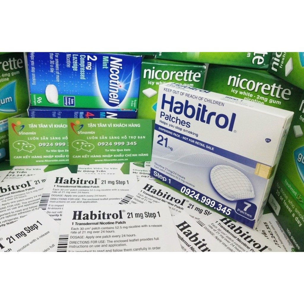 Miếng dán cai thuốc Habitrol 21mg 7 miếng Step 1 và Kẹo Nicorette 2mg Vỉ 15 viên