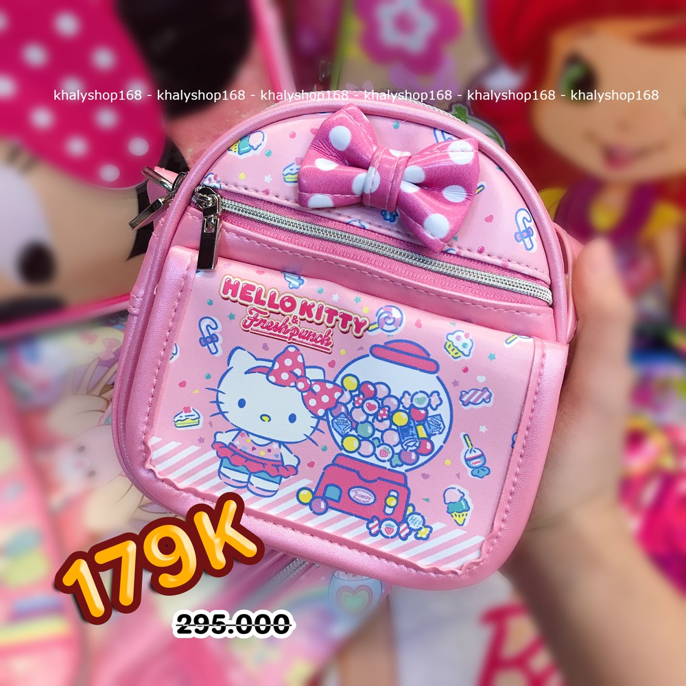 Túi đeo chéo hình mèo Hello Kitty fresh punch kẹo 3 ngăn bầu màu hồng cho bé gái (Thái Lan) - KTP095 - (15x7x15cm)