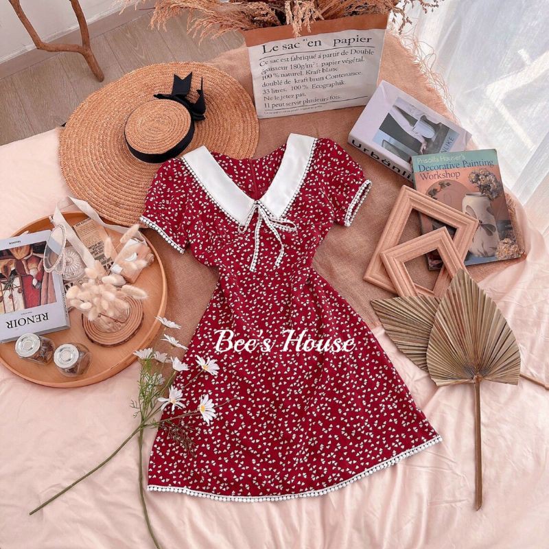 ĐẦM ĐỎ CHẤM TIM VIỀN REN CỔ TRẮNG