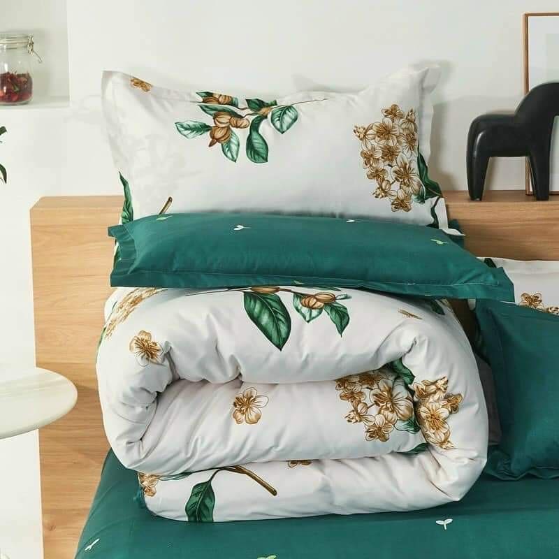 Trọn Bộ Drap giường Chần Bông Cotton Họa Tiết Cành Hoa Trắng Xanh Phối ((m2x2m - m8x2m))