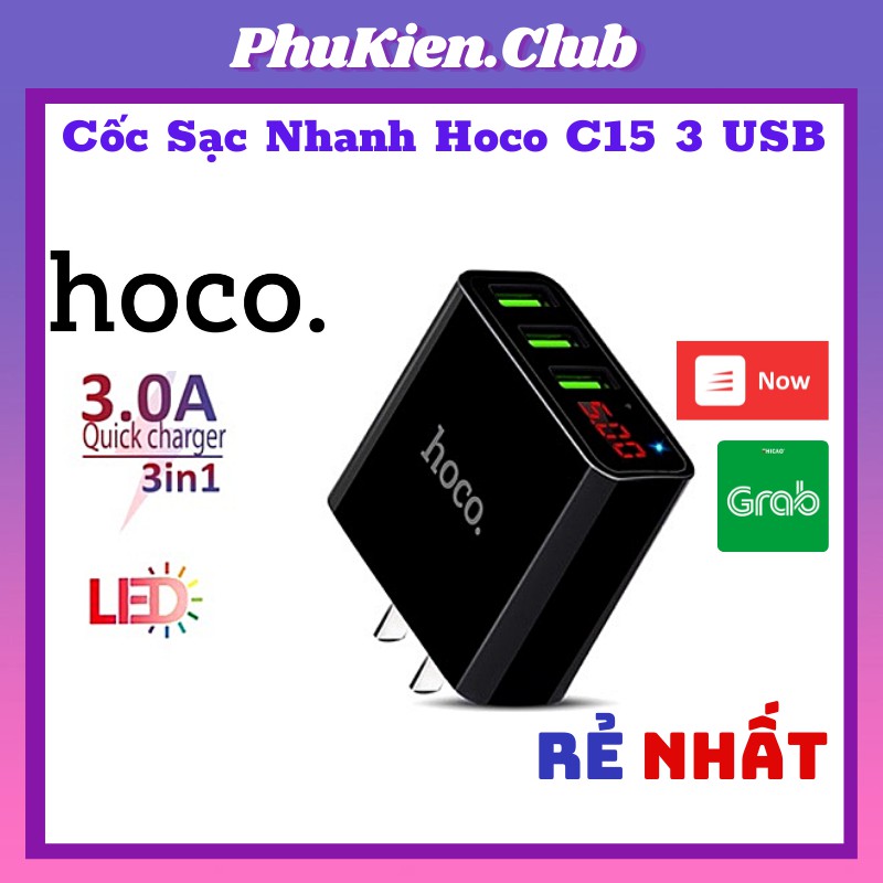 Cốc Sạc Nhanh Hoco C15 3 USB - Màn Hình LCD Giá Rẻ - Chính Hãng -