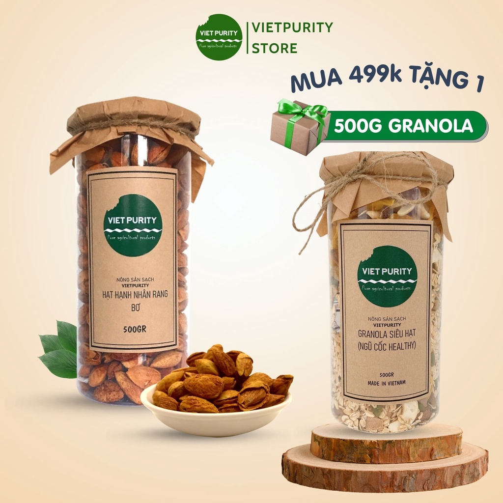 Hạt hạnh nhân Vietpurity rang bơ vỏ mỏng, hạt dinh dưỡng cho người ăn vặt ăn kiêng eatclean healthy food hộp 500g