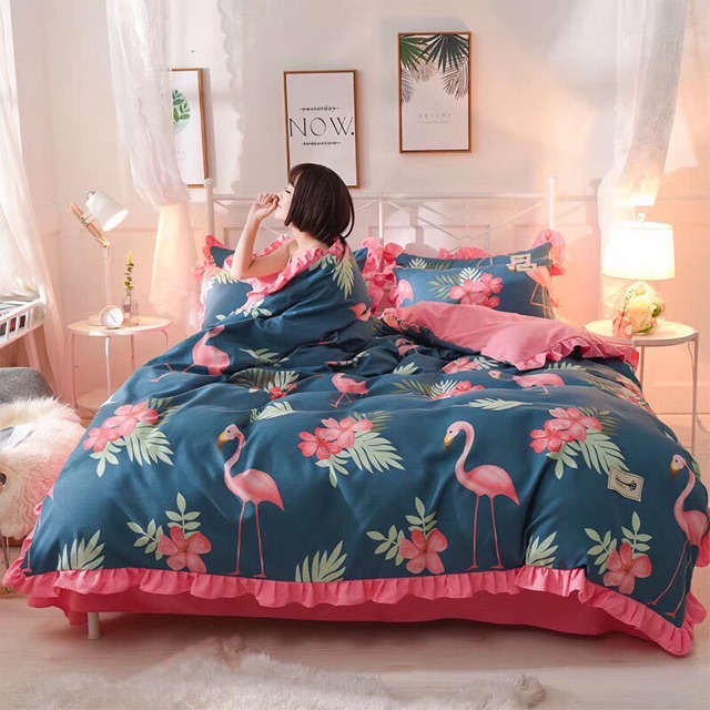 BỘ CHĂN GA GỐI 100% 40s cotton bèo   Siêu xinh