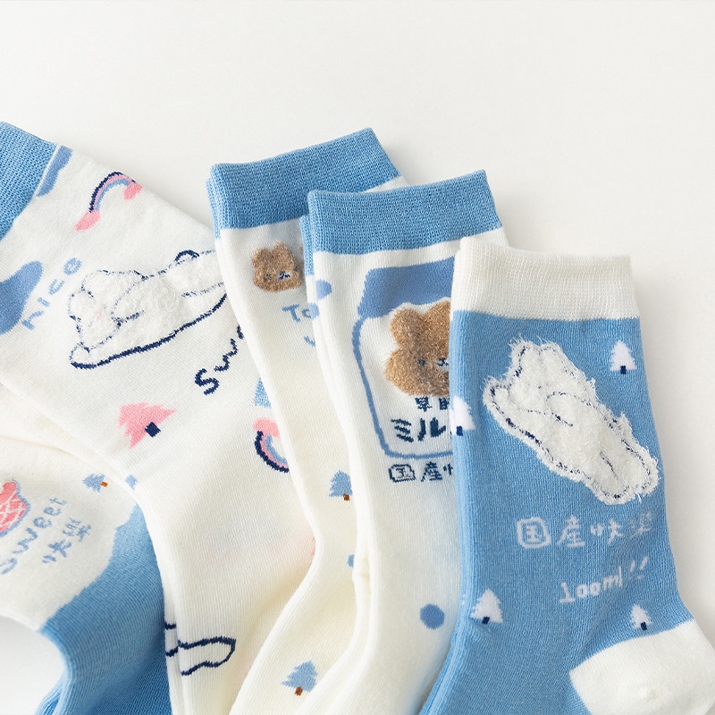 Tất Nữ Cao Cổ Màu Xanh Trắng Dễ Thương, Chất Liệu Vải Hàn Co Giãn Thoáng Khí