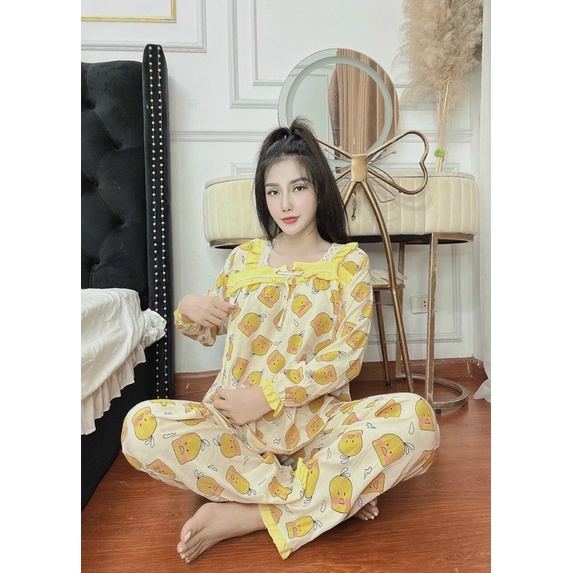 Bộ Pijama Chất Đũi Lụa Hoạ Tiết Vịt Dễ Thương Có Khoá Kéo Cho Bầu Và Sau Sinh